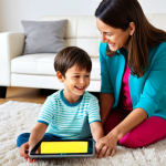 A joyful mother and her young child, both fully clothed in modest, comfortable attire, are sitting together on a soft rug in a brightly lit, clean living room. The child is looking at a tablet showing colorful, friendly animated characters, with a happy, engaged expression. The mother is smiling gently, observing the child. The scene emphasizes a safe and calm family moment of digital content consumption. Perfect anatomy, correct proportions, well-formed hands, natural pose, professional photography, high quality, safe for work, appropriate content, fully clothed, family-friendly.