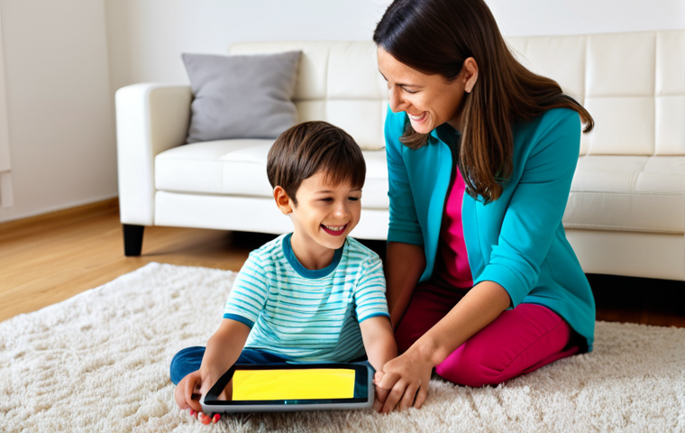 A joyful mother and her young child, both fully clothed in modest, comfortable attire, are sitting together on a soft rug in a brightly lit, clean living room. The child is looking at a tablet showing colorful, friendly animated characters, with a happy, engaged expression. The mother is smiling gently, observing the child. The scene emphasizes a safe and calm family moment of digital content consumption. Perfect anatomy, correct proportions, well-formed hands, natural pose, professional photography, high quality, safe for work, appropriate content, fully clothed, family-friendly.