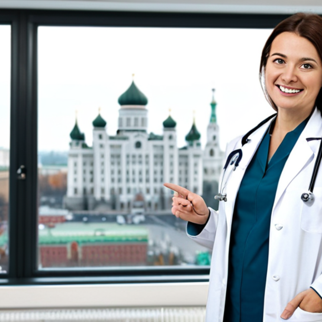 **

A professional female doctor, fully clothed in a modest white lab coat, standing in a modern, well-lit clinic examination room, appropriate attire, safe for work, perfect anatomy, correct proportions, natural pose, well-formed hands, proper finger count, natural body proportions, professional photography, high quality. The doctor is smiling reassuringly. The background includes medical equipment and a blurred window view of Moscow. family-friendly.

**