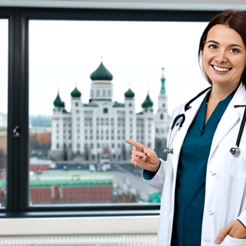 **

A professional female doctor, fully clothed in a modest white lab coat, standing in a modern, well-lit clinic examination room, appropriate attire, safe for work, perfect anatomy, correct proportions, natural pose, well-formed hands, proper finger count, natural body proportions, professional photography, high quality. The doctor is smiling reassuringly. The background includes medical equipment and a blurred window view of Moscow. family-friendly.

**